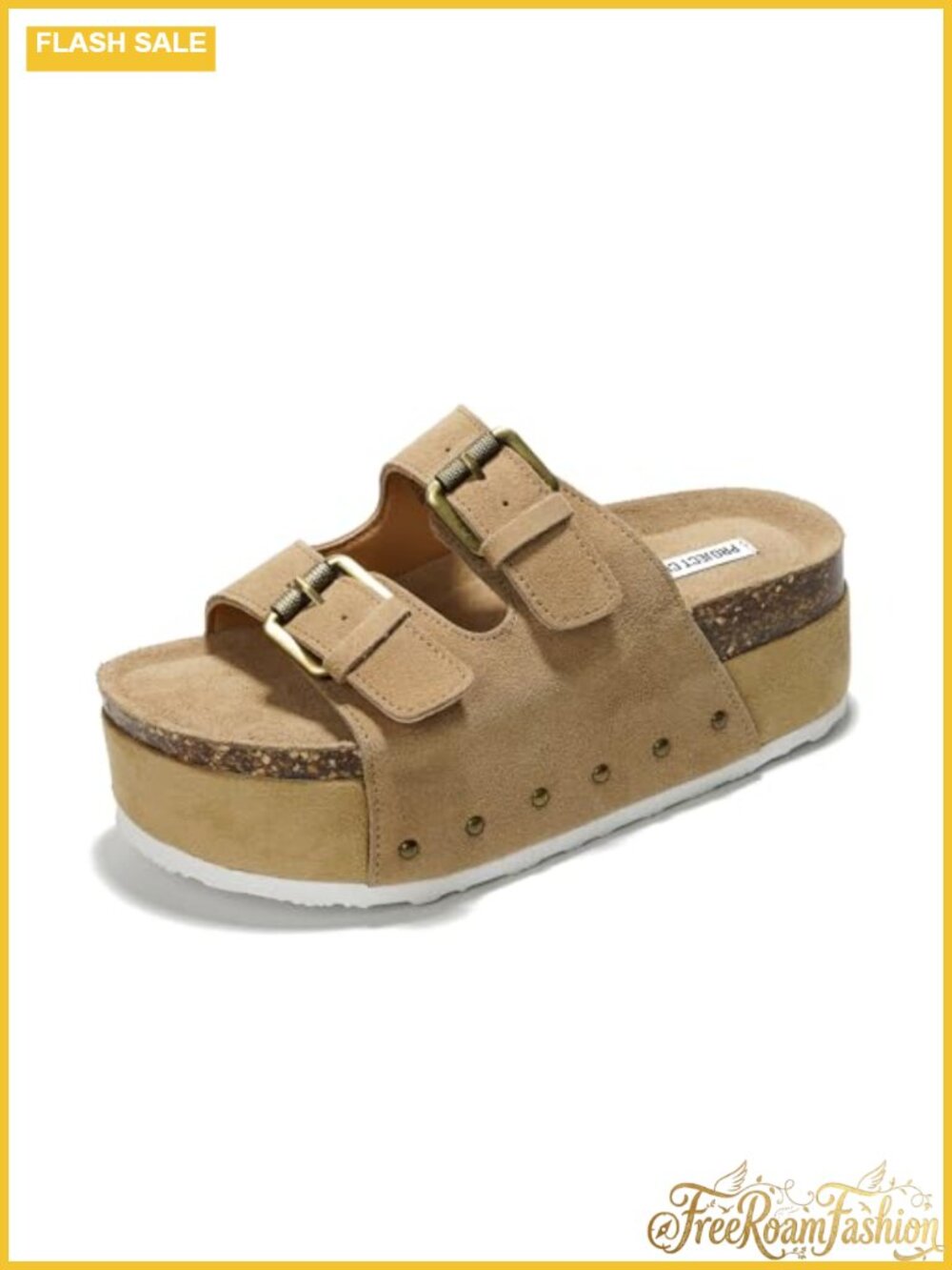 Genuine Suede Platform Wedge Sandals Adjustable Buckle Studded Slip-On